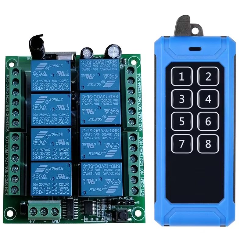 433MHz 8-Channel RF Wireless Remote Control Switch – DC 12V/24V Relay Receiver with Industrial Transmitter