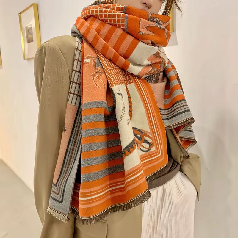 Equestrian Luxe Cashmere-Look Scarf – Horse Print Women's Thick Winter Shawl Wrap