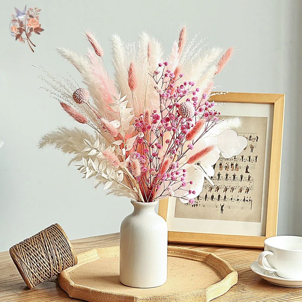 Pink White Dried Flower Bouquet Pampas Grass Decor Boho Wedding Centerpiece