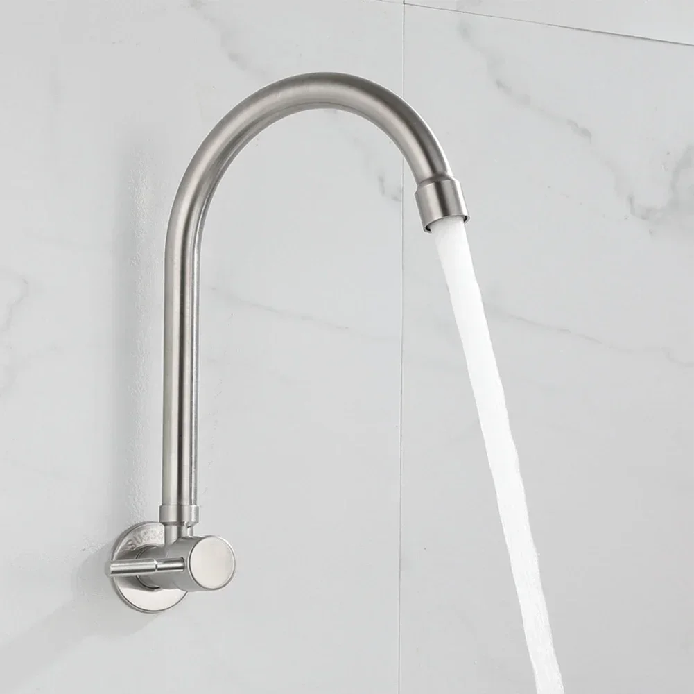 Stainless Steel Wall Mounted Kitchen Faucet Single Cold Rotating Tap