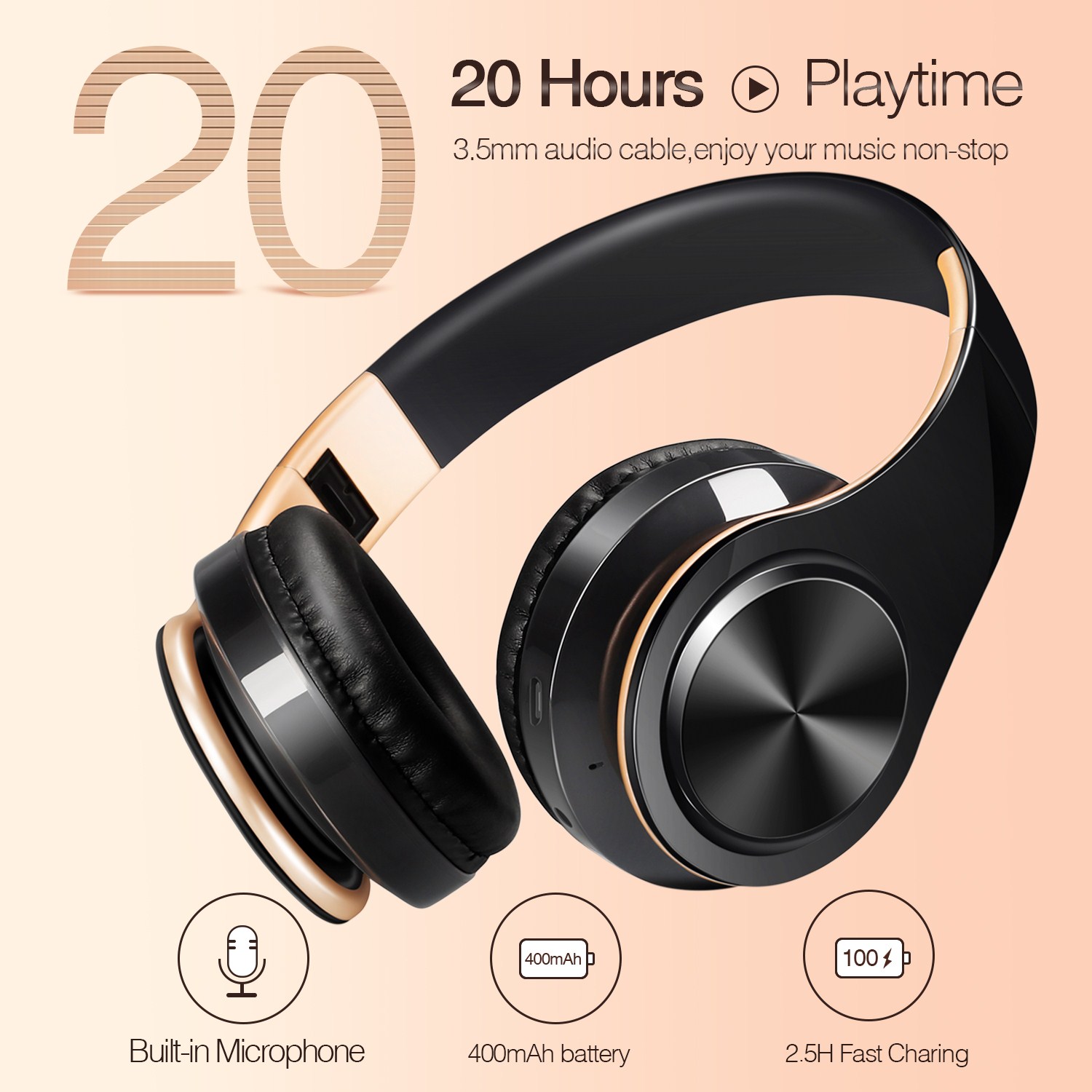 Gold Wireless Bluetooth Headphones for Men Gift, Stereo Headset with Built-in MIC & 3.5mm AUX Jack for iPhone Samsung