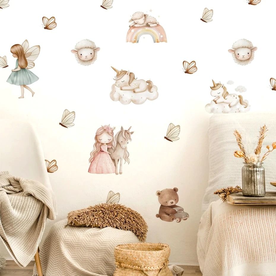 Watercolor Unicorn & Fairy Bear Wall Decals | Rainbow Nursery Decor | Whimsical Childrens Bedroom Art Stickers