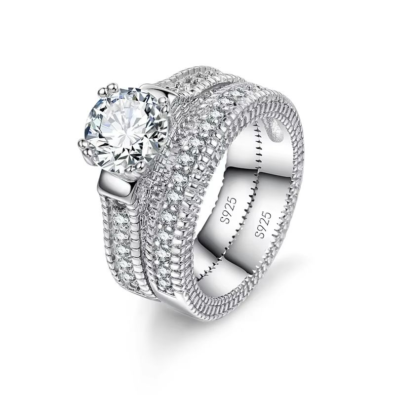 Elegant 925 Silver Wedding Engagement Couple Rings Set