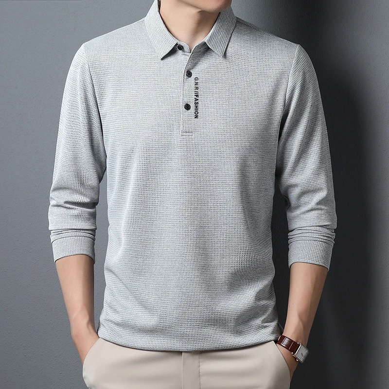 Casual Mens Waffle Long Sleeved POLO Shirt, Letter Printed Lapel Top