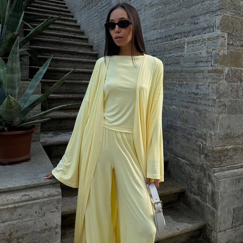 DriftWear Summer Casual Outfit, Long Cardigan, Long Sleeved Top & High Waisted Pants, Fashionable Office Wear Baggy Suit