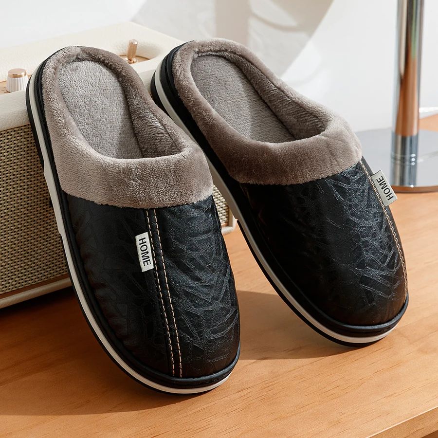 Mens Winter PU Leather Fur Lined Home Slippers