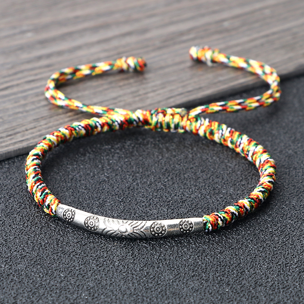 Handmade Woven Lucky Rope Chain Bangle Bohemia Long Tube Carved Flower Pendant Bracelet Jewelry Gift