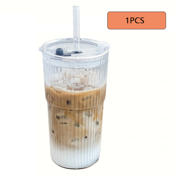 Ribbed Glass Tumblers with Lids and Straw Large Capacity Coffee Cup for Iced Americano Juice Coke Beer