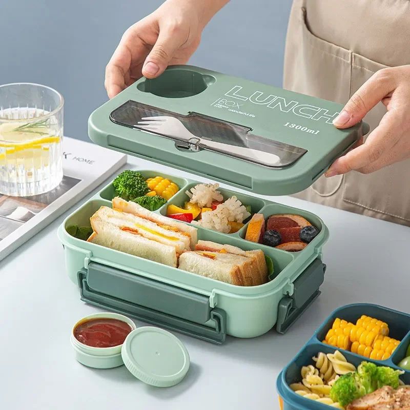1300ML Portable Bento Lunch Box with Compartments and Utensils