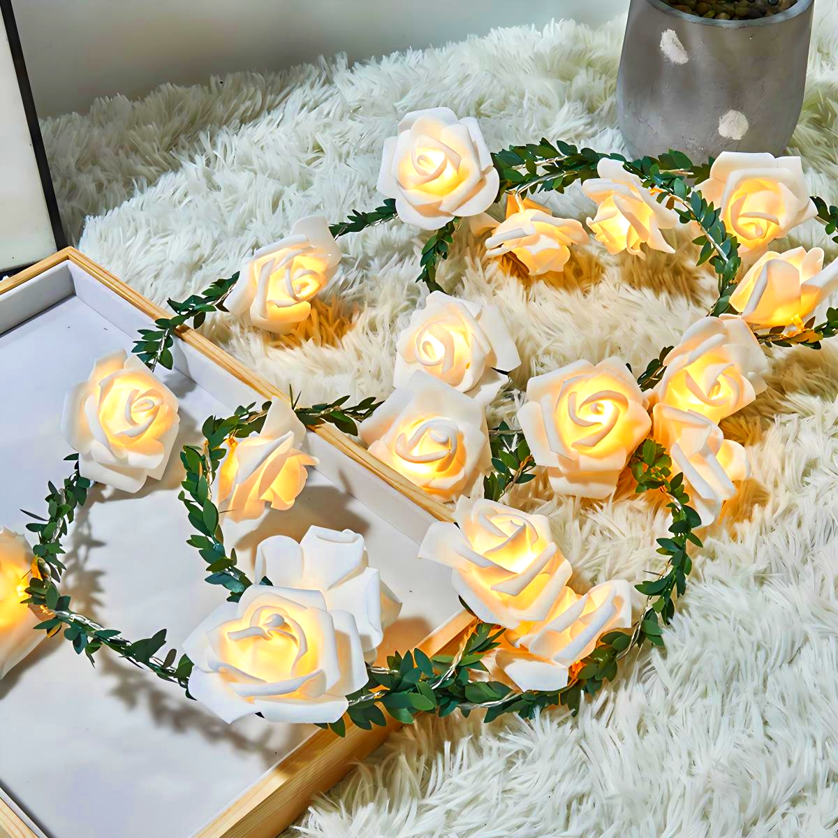 Battery Operated LED Rose String Lights, Christmas Decorations Artificial Ivy Garland for Weddings and Valentine's Day
