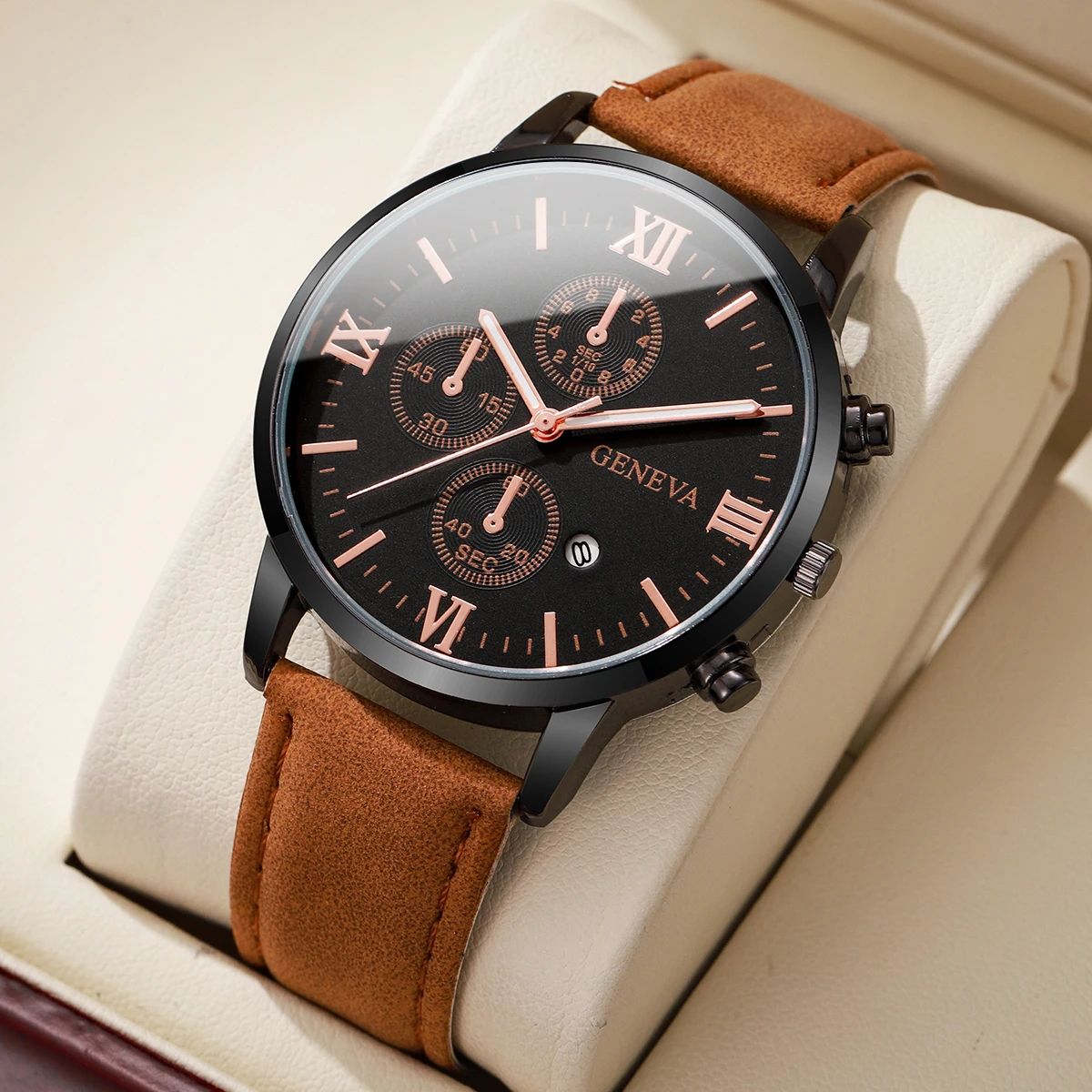 Men's Casual Leather Quartz Calendar Watch Set