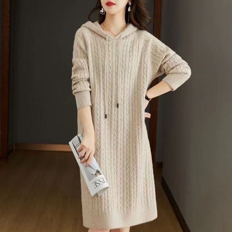 Vintage Retro Jersey Mujer Fall Winter Jumper Dress, Hooded Solid Straight Knitted, Loose Women Pullover Sweater Dress