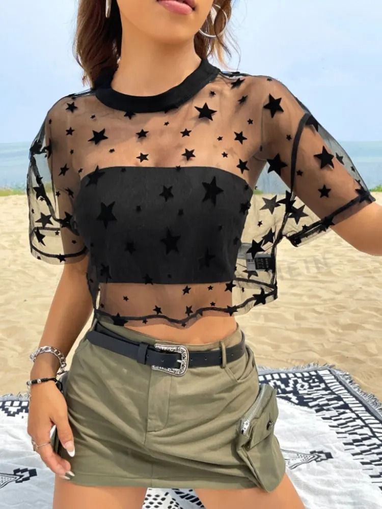 Star Print Drop Shoulder Crop Mesh Top Summer Outfits Without Camisole