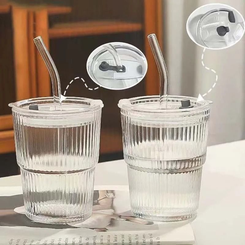 450ml Glass Cup with Lid and Straw Leakproof Heat Resistant Drinkware