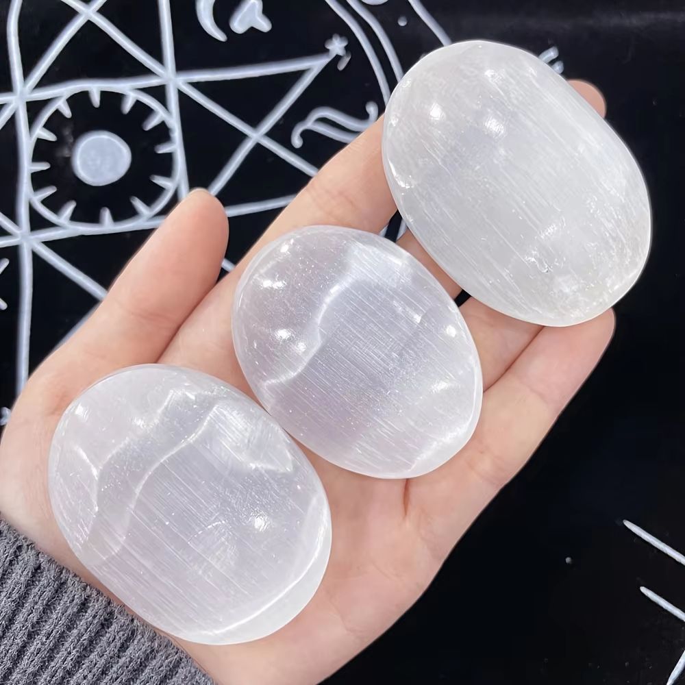 Natural Polished Selenite Palm Stone Oval Crystal for Decor and Meditation