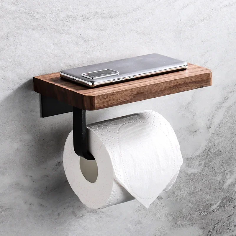 Wall Mount Wooden Toilet Paper Holder, Bathroom Storage Shelf with Phone Holder, Towel Roll Shelf for WC Accessories