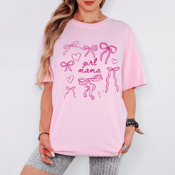 Girl Mama Shirt Cute Bow Graphic Tee Trendy Mom T-Shirt Casual Womens Top