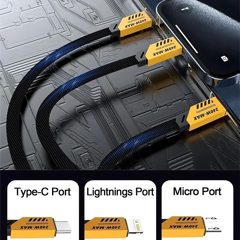 240W Nylon Braided Fast Charging Cable with 3-in-1 Multiport Connectors