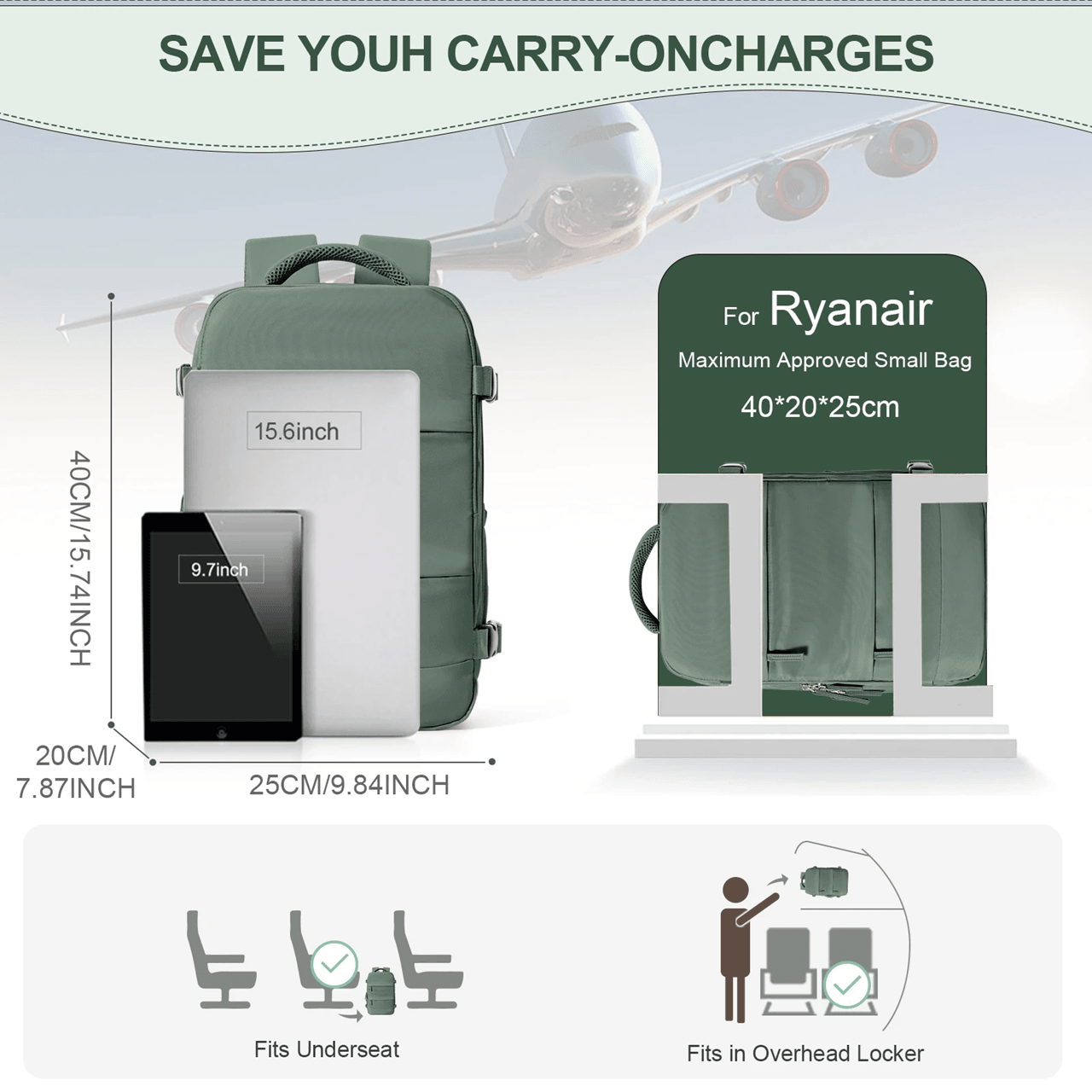 AeroFlex Ryanair Cabin Backpack 40x20x25 Travel Bag with Laptop Compartment