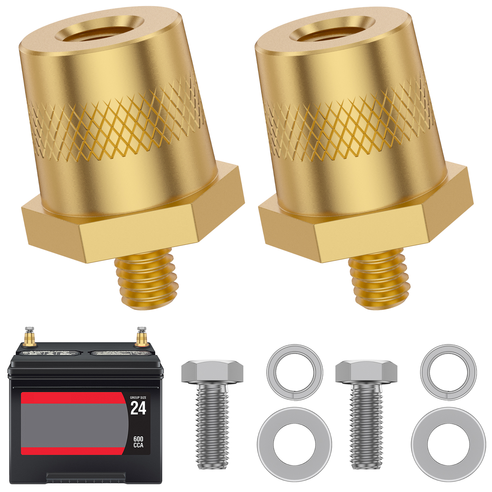 Battery Pole Adaptor for Car, Brass Battery Terminal Connector, Thread Installation Battery Tone Post Adaptor Kit