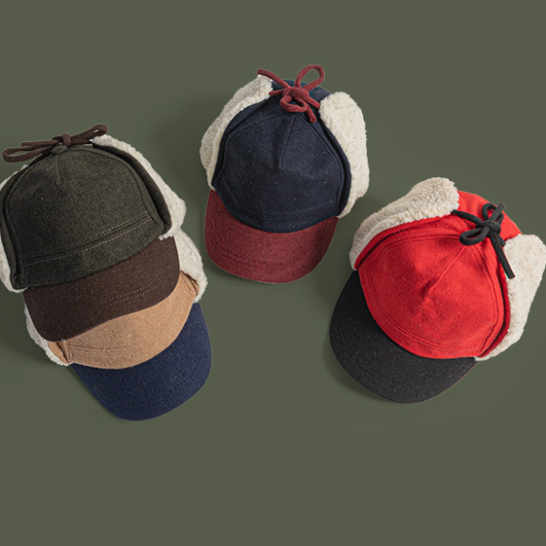 Retro Woolen Color Matching Bomber Hat, Japanese Trend Peaked Cap, Thermal Ear Protection for Men and Women