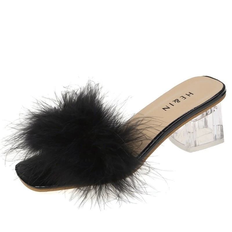 Sexy Faux Fox Fur Square Toe Pumps – Elegant Chunky Heel Summer Slippers