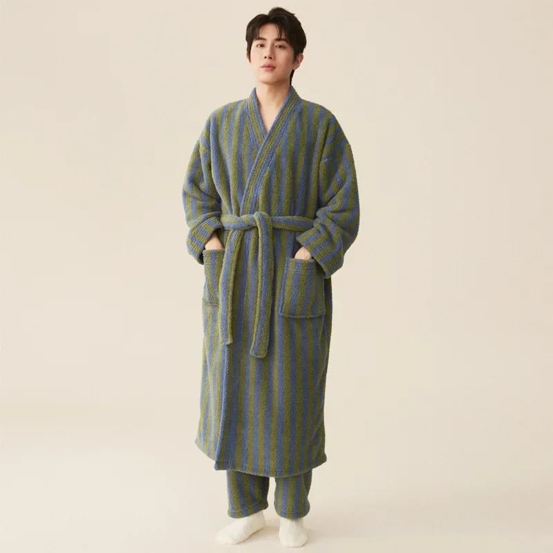 Thickened Flannel Robe & Pants Pajamas Set – Professional Autumn/Winter Striped Couples Home Clothes