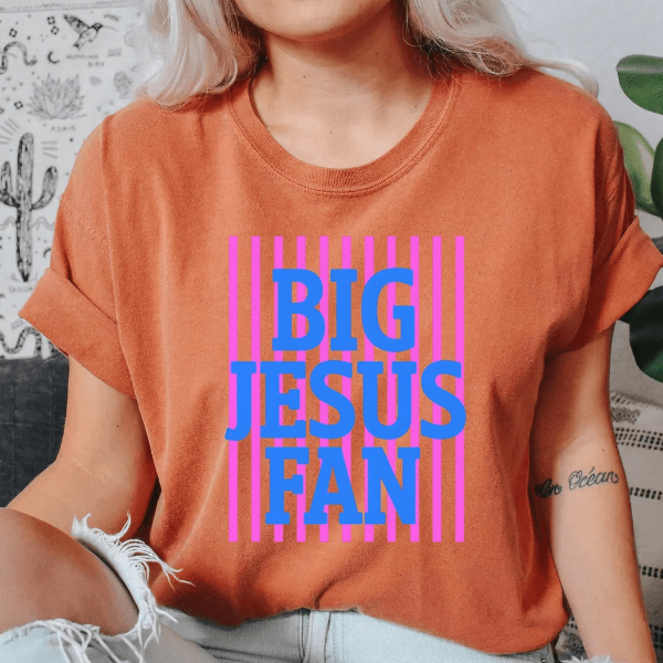 Big Jesus Fan Shirt Comfort Colors Preppy Striped Christian Coquette Faith Tee