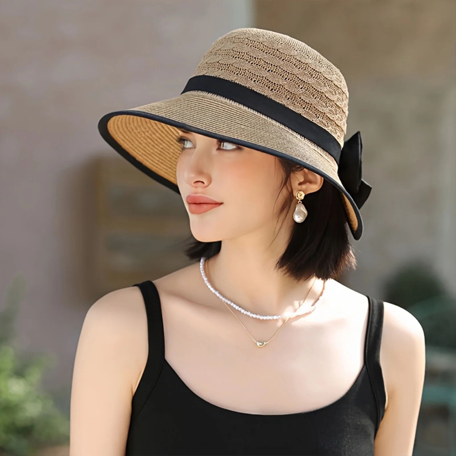 Summer Beach Straw Sun Hat with French Bowknot, Breathable Elegant Wide Brim Hat for Travel, Outdoor & Photography