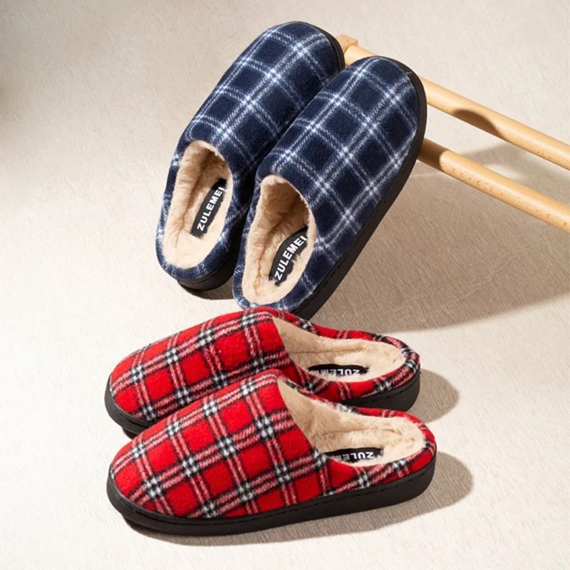 Mens Striped Warm House Fleece Non Slip Plaid Cotton Slippers Winter Indoor Shoes