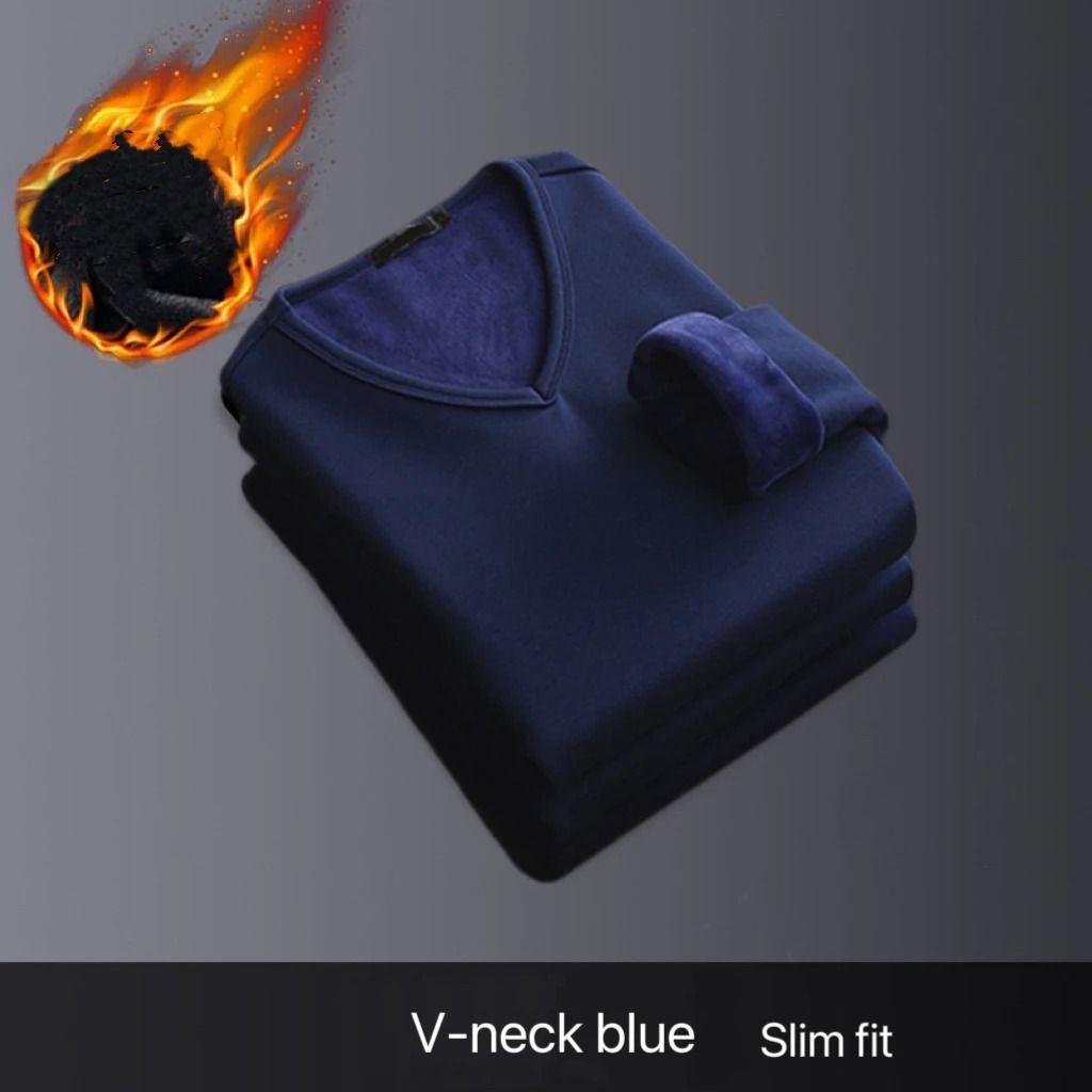 Mens V Neck Thermal Shirt Fleece Lined Winter Base Layer Top