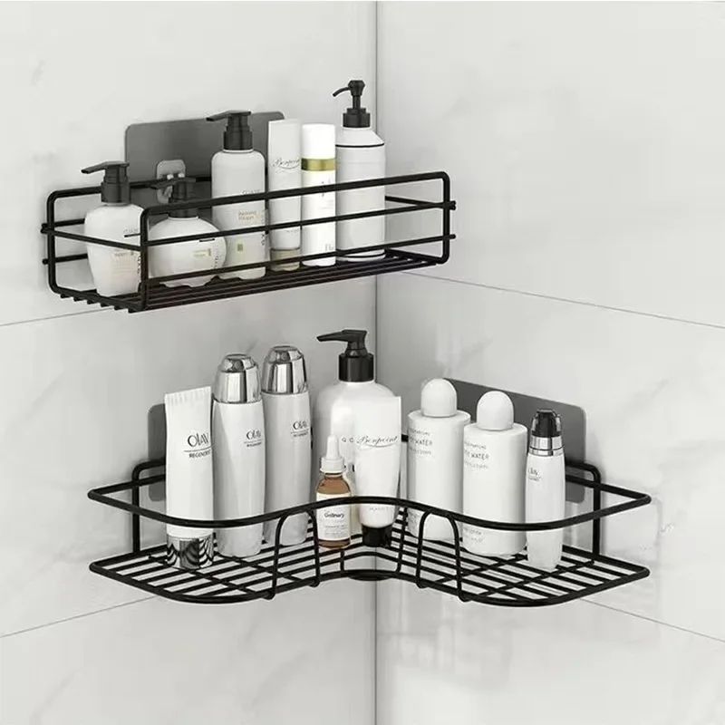 Floating Metal Wall Shelf Organizer Bathroom Kitchen Storage Rack No Drill Home Organizer Wall Hanger Black White