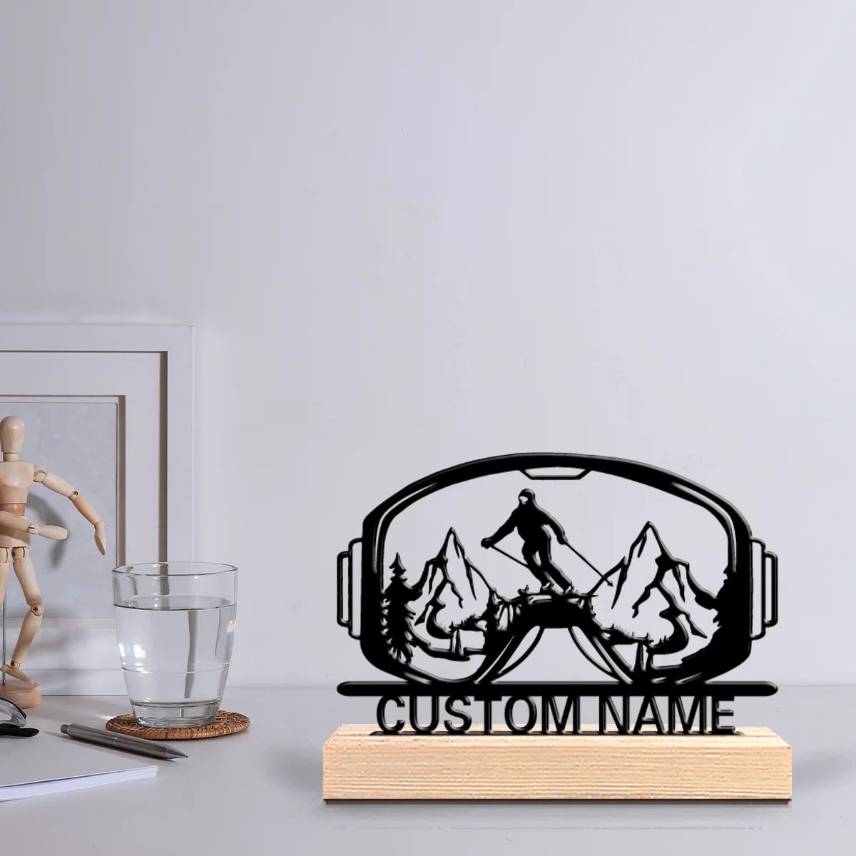 Personalized Skiing Metal Figurine – Custom Ski Goggles Statue with Wooden Base for Unique Gift & Decor