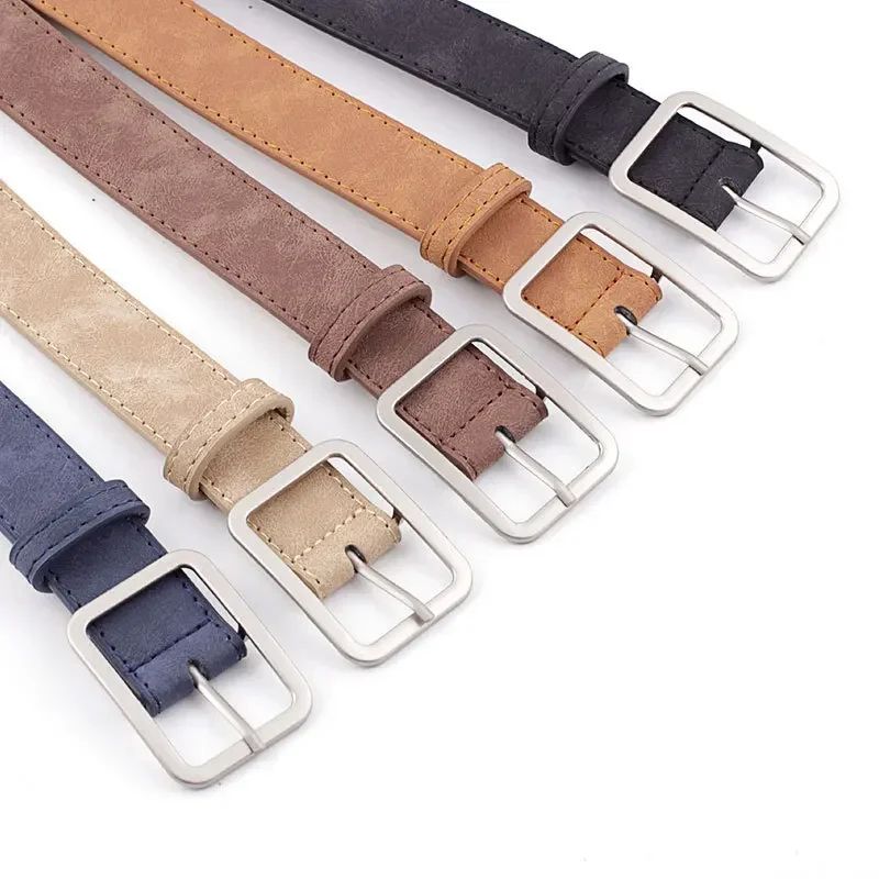 Womens Retro Leather Belt w/ Silver Square Pin Buckle - Fashion Jeans Waist Belt, Adjustable Student Waistband