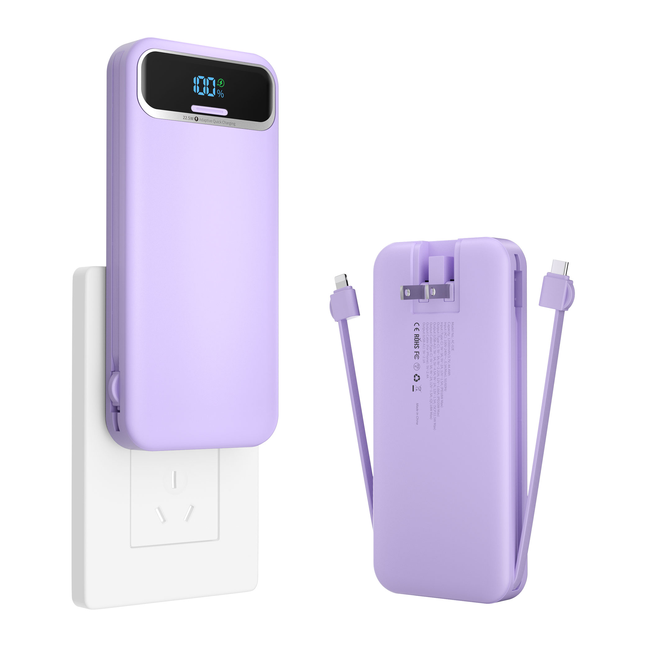 AC Plug Power Bank with Built-In Cables 12000mAh 20W Fast Charging Travel Charger