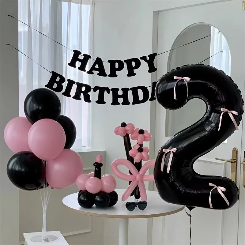 Black Number Balloon with Pink Bow
