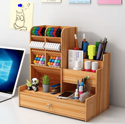 Multi Functional Wooden Pen Holder with Drawer for Desk and Vanity Storage