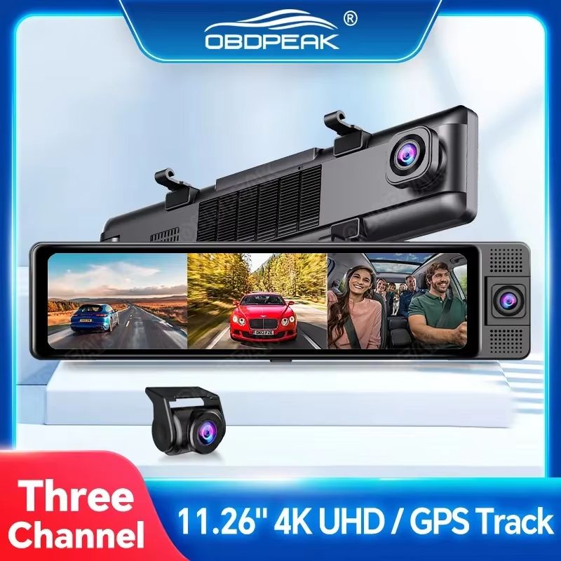 OBDPEAK 4K Triple Dash Cam with GPS – Front, Inside & Rear Car DVR with Night Vision & Parking Monitor