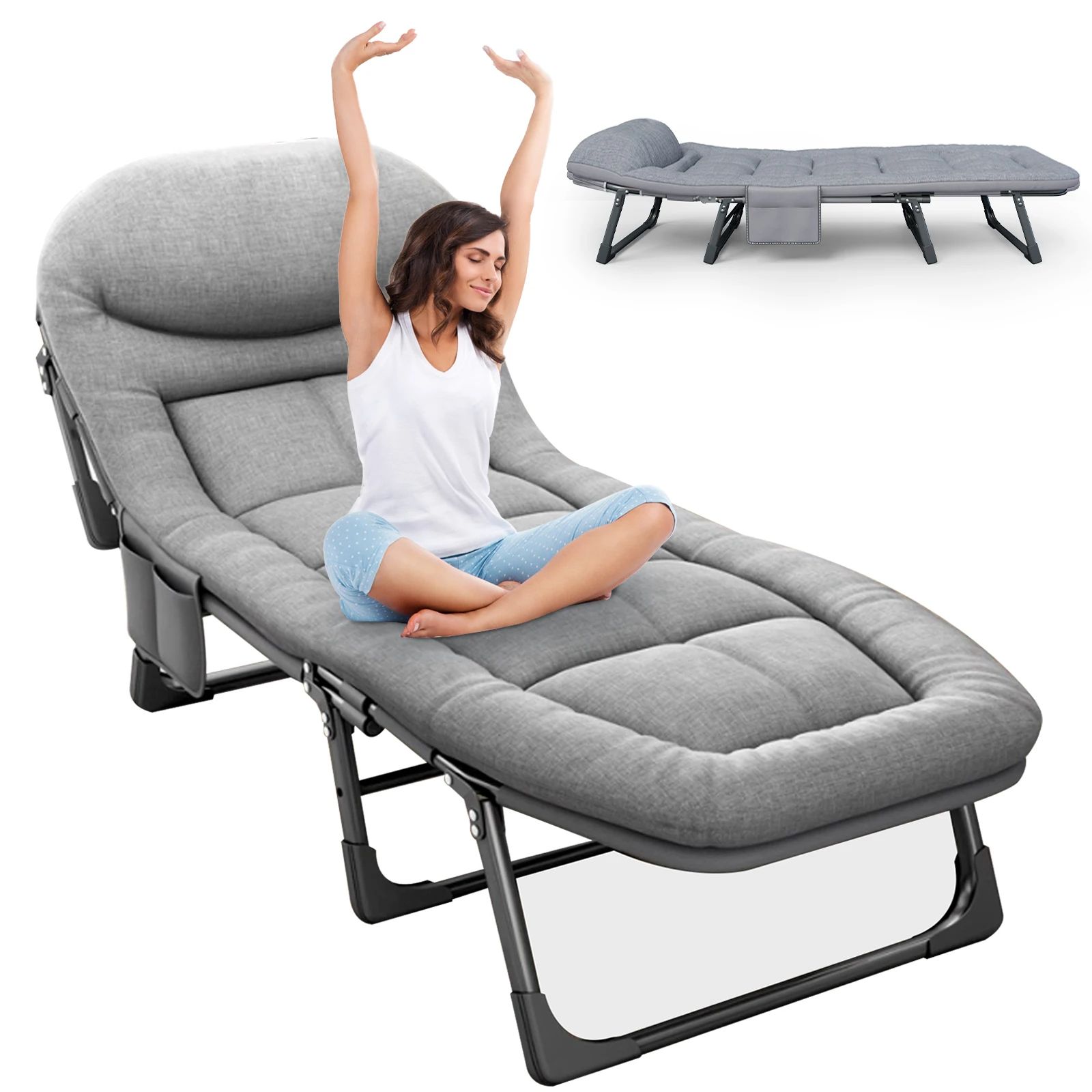 Portable Folding Camping Bed with Mattress & Pillow, 6-Position Adjustable Sleeping Cot, Heavy Duty Frame for Adults