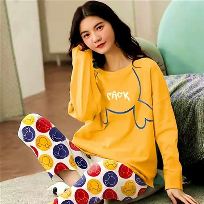 Fall Winter Womens Cartoon Pajama Set Long Sleeve Top and Pants Cozy Sleepwear Loungewear