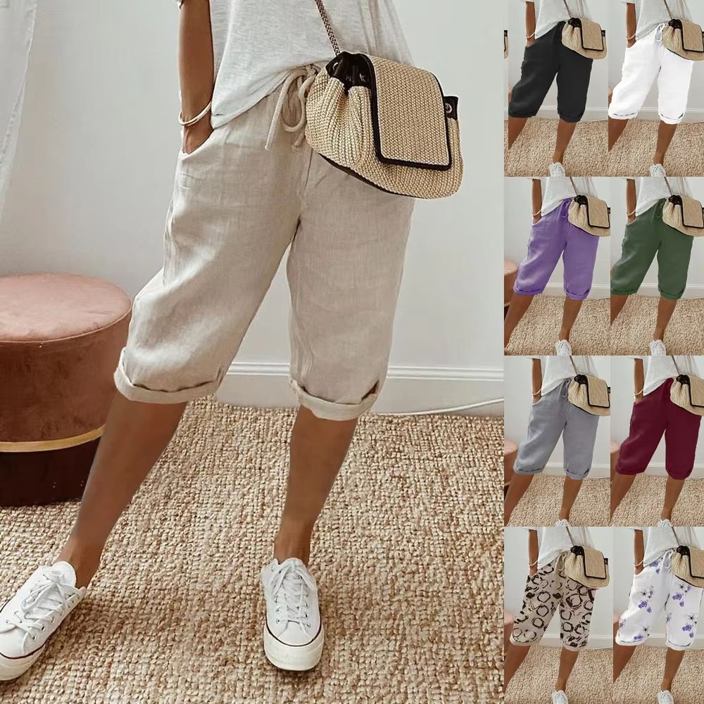 Women's Cotton Linen Summer Shorts – Elastic Waist Casual Pants with Pockets, Lightweight 5-Quarter Design