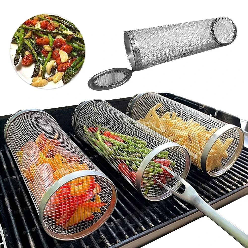 Circular Stainless Steel Rolling BBQ Basket – 360° Rotating Mesh Grill Cylinder