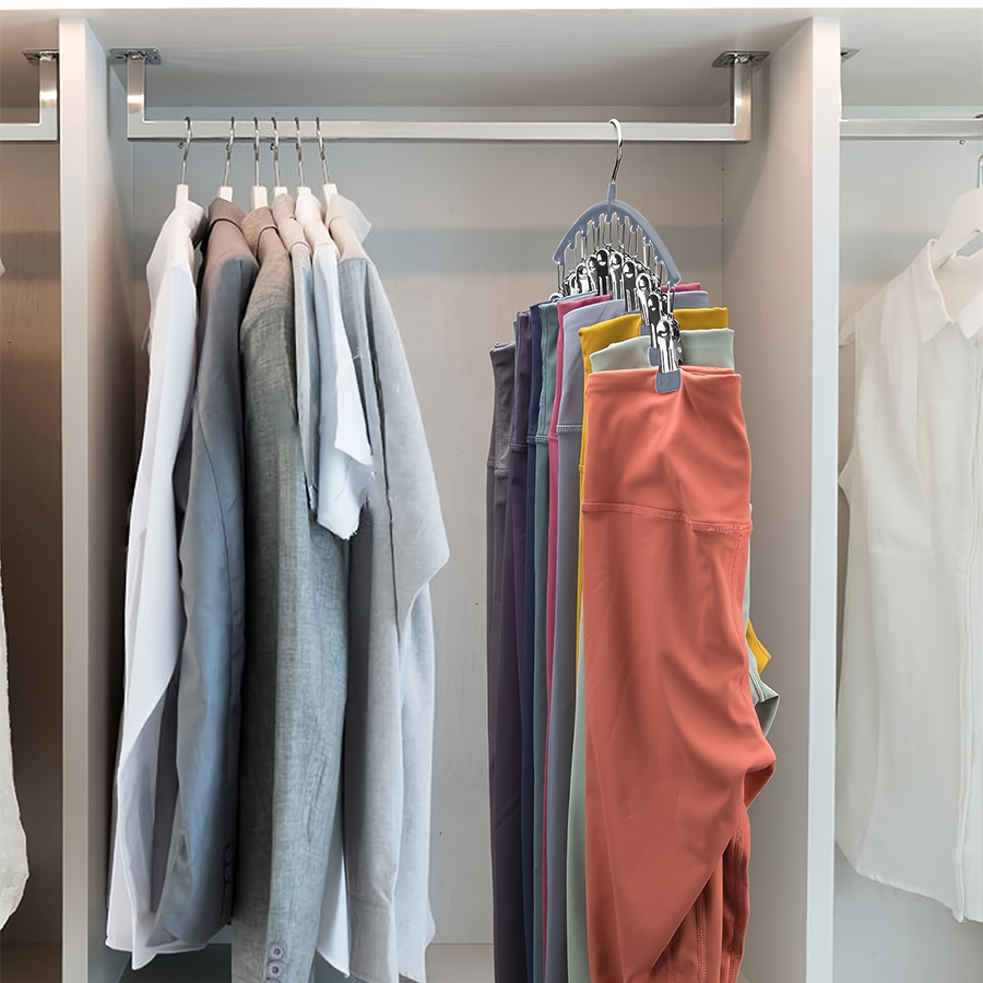 Space-Saving Closet Organizer with Clips Hangs Pairs of Leggings, Efficient Black Hanger
