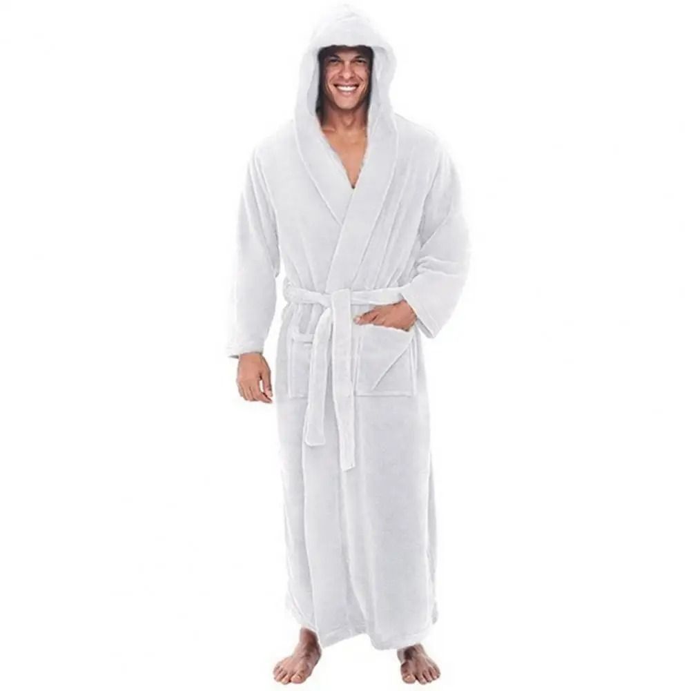 Mens Hooded Flannel Long Bathrobe Soft Fluffy Home Gown