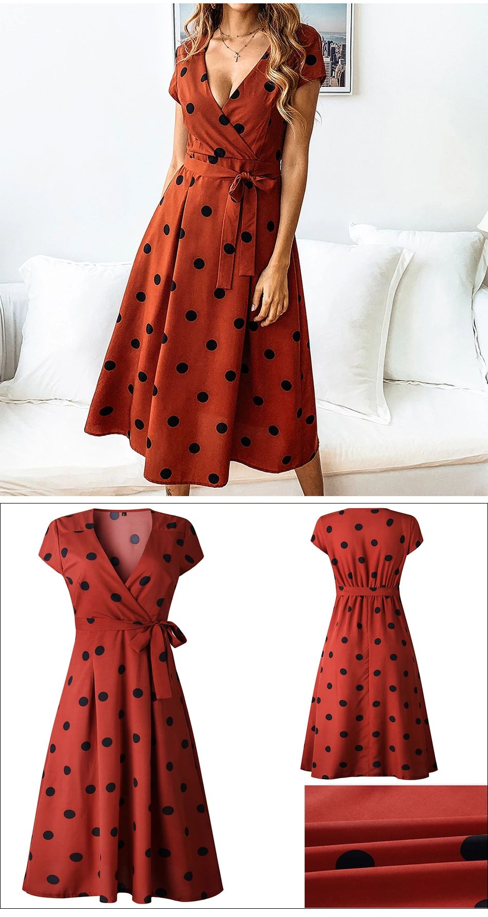 Women White Boho Polka Dot V Neck Summer Maxi Dress