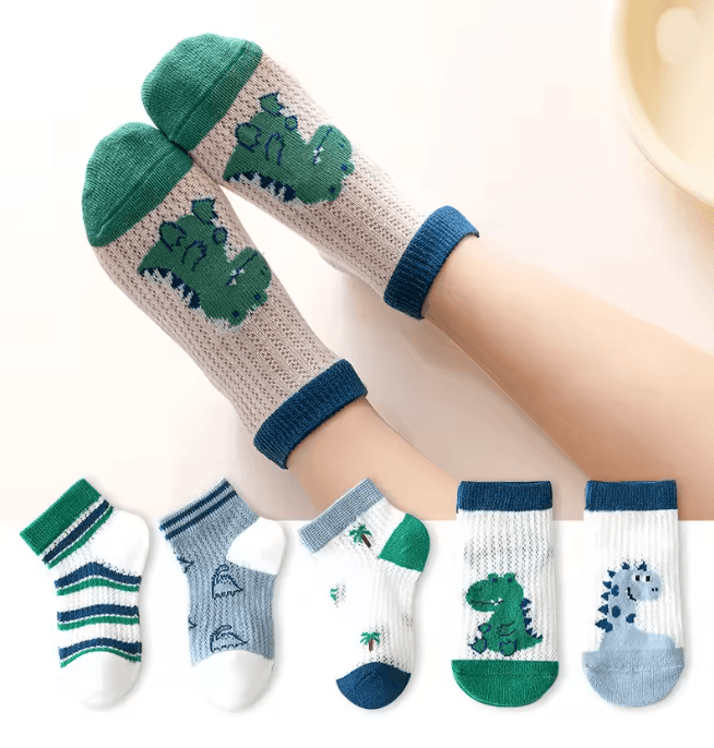 BreezeStep Summer Cotton Kids Socks 5 Pair Cartoon Mesh Set
