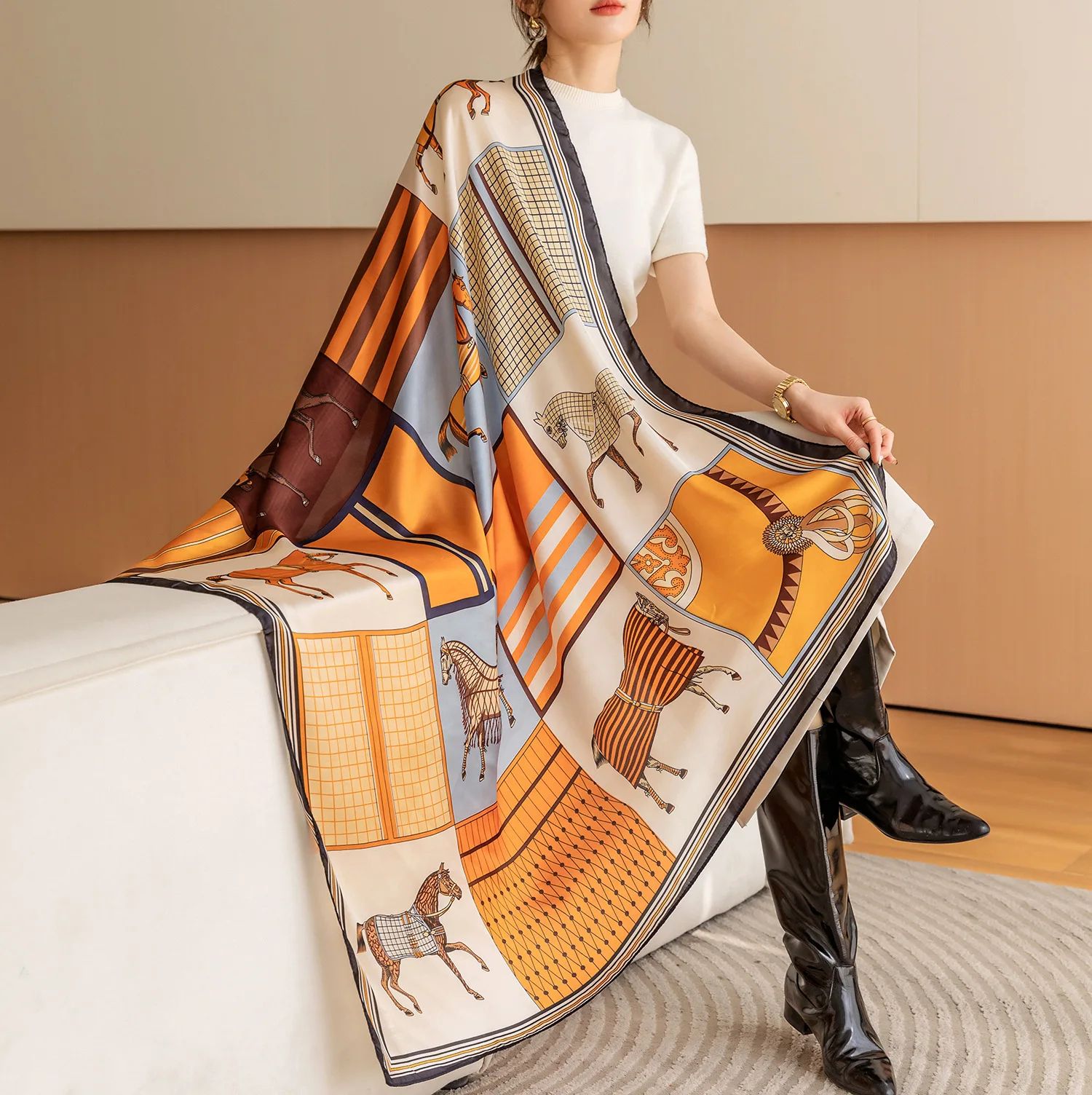 Luxury Horse Print Square Scarf for Women – Vintage Silk-Like Animal Shawl Head Wrap