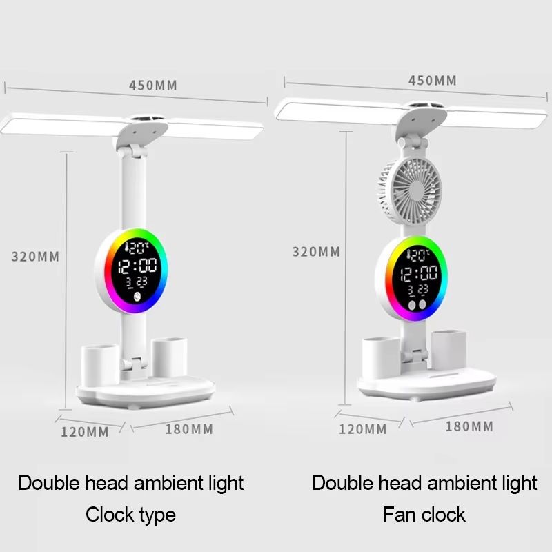 USB Charging LED Table Lamp with Adjustable Brightness Fan and Clock Display