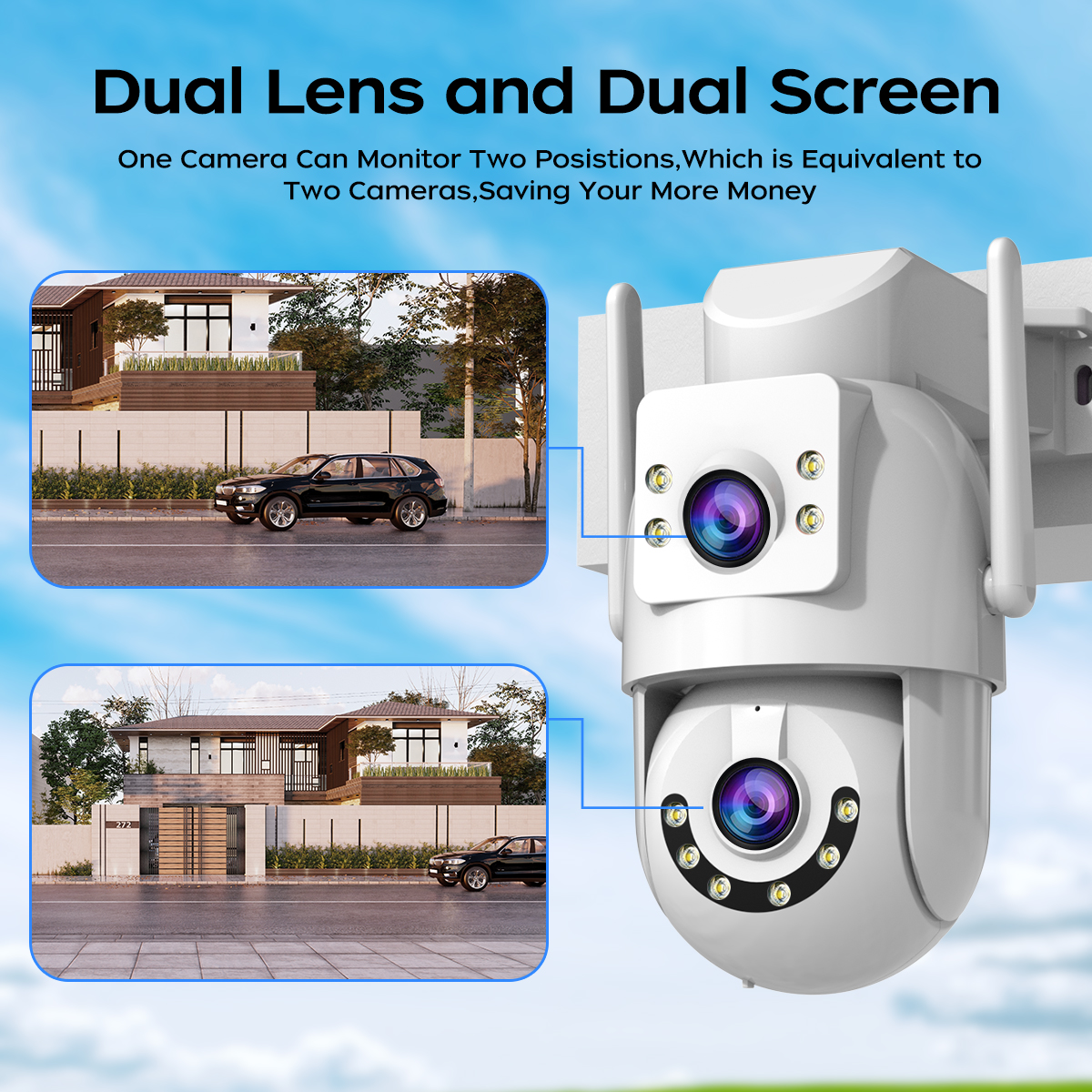 Wifi Camera, Dual Lens Zoom, Outdoor Security IP Camera, Wifi, AI Motion Detection, ONVIF CCTV Surveillance