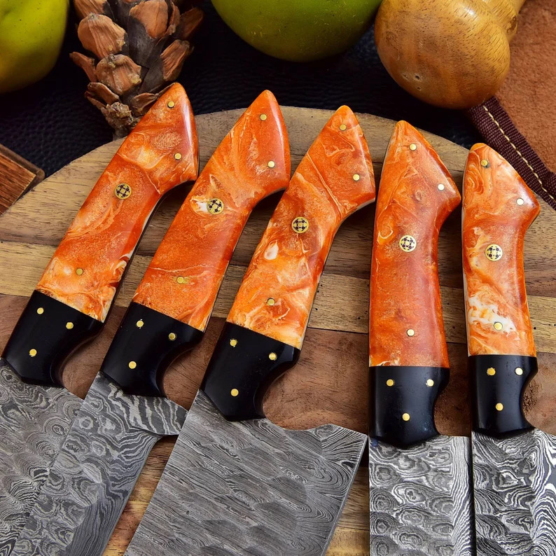 Handmade Damascus Steel Kitchen Chef Knives Set With Beautiful Colour Bone Handle